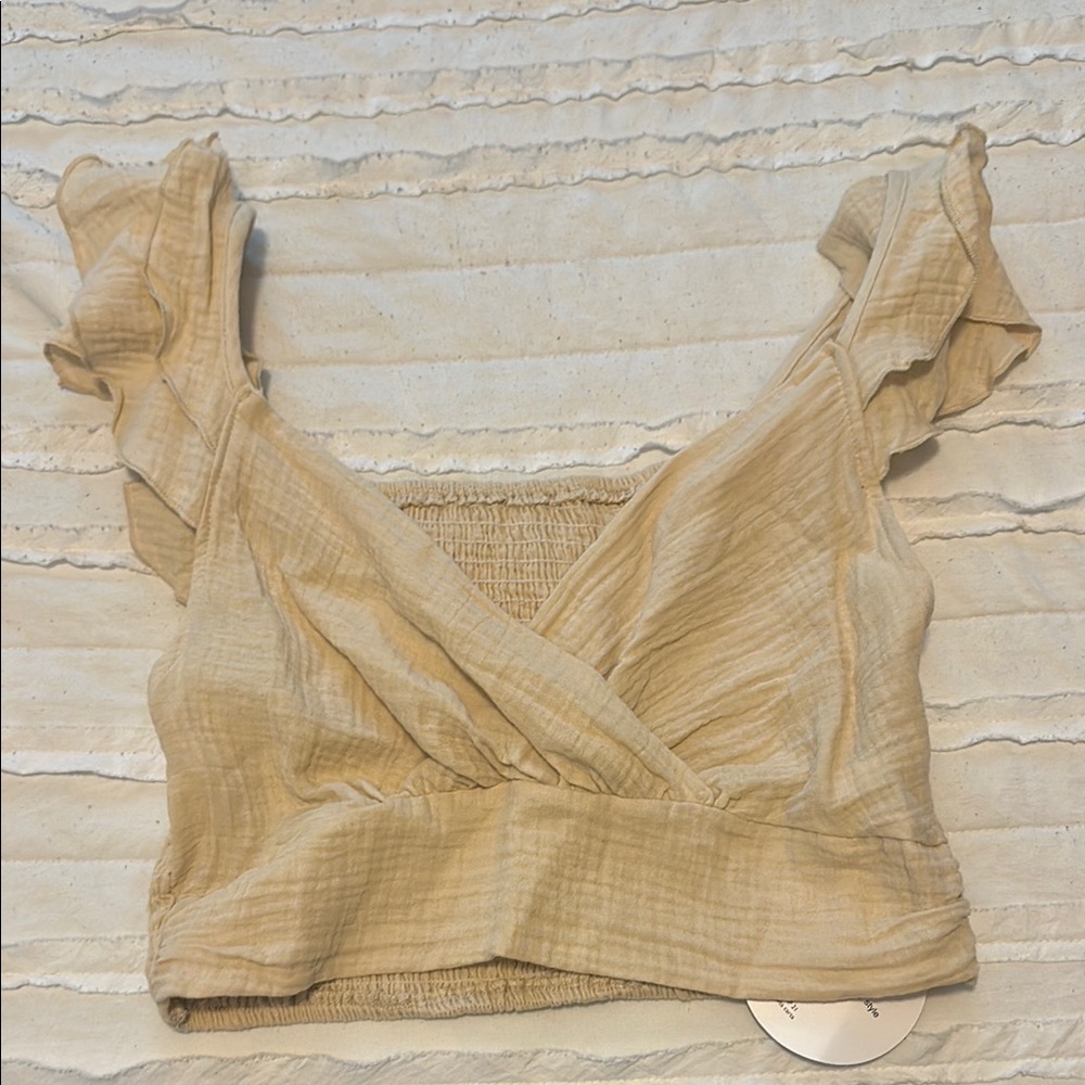 SHEIN Tan Flutter Sleeve Wrap Crop Blouse